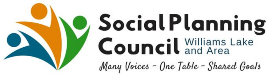Social Planning Council logo with blue, orange, and green figures on left hand side and tagline Williams Lake and Area: Many Voices - One Table - Shared Goals